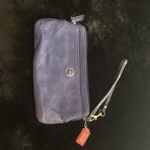 Coach Blue Leather Wristlet with Red Accent
